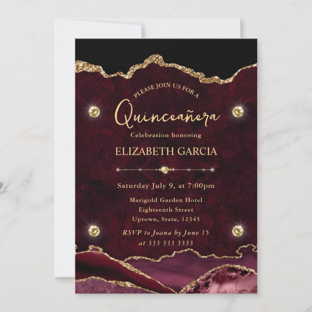 Elegant Red och Guld Glitter Agate Quinceanera Inbjudningar (Framsida)