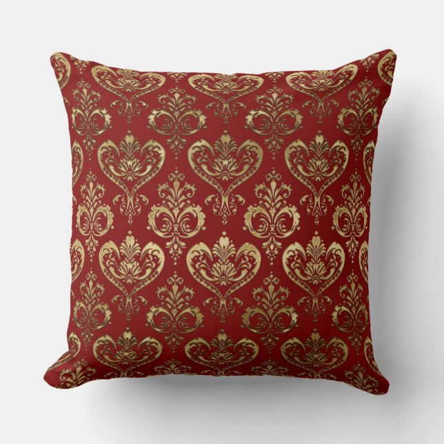 Elegant Red och Guld Hearts Valentines Damask Kudde (Framsida)