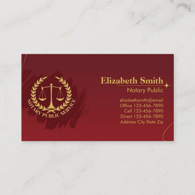 Elegant Red och Guld Notary Visitkort (Framsida)