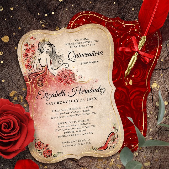 Elegant Red och Guld Princess Quinceanera Birthday Inbjudningar (Elegant princess red and gold quinceanera invitations that can be personalized by you.)