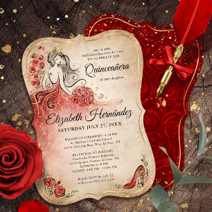 Elegant Red och Guld Princess Quinceanera Birthday Inbjudningar