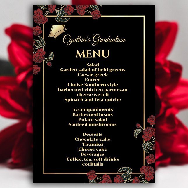 Elegant Red och Guld Studenten Menu Inbjudningar (Elegant Red and Gold Graduation Menu Invitation #dinnerparty #graduationmenu #zazzlemade #redfloral)