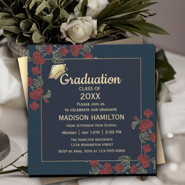 Elegant Red och Guld Studentfest Inbjudningar (Elegant Red and Gold Graduation Party Invitation #graduationinvitation #elegantredandgold #graduate)