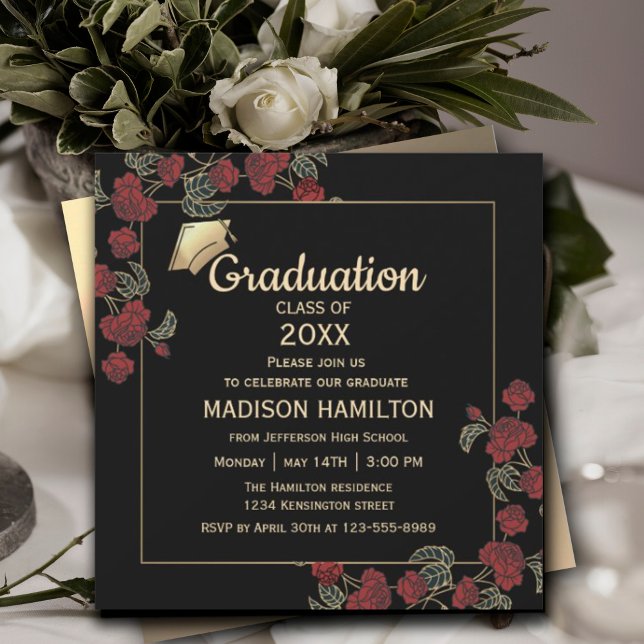 Elegant Red och Guld Studentfest Inbjudningar (Elegant Red and Gold Graduation Party Invitation #graduationinvitation #elegantredandgold #graduate)