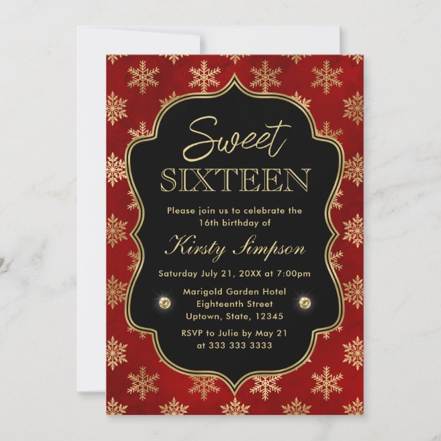 Elegant Red och Guld Winter Snöflingor Sweet 16 Inbjudningar (Framsida)