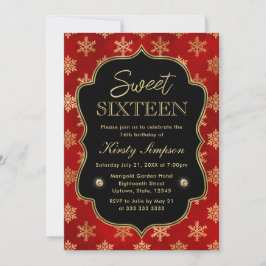 Elegant Red och Guld Winter Snöflingor Sweet 16 Inbjudningar