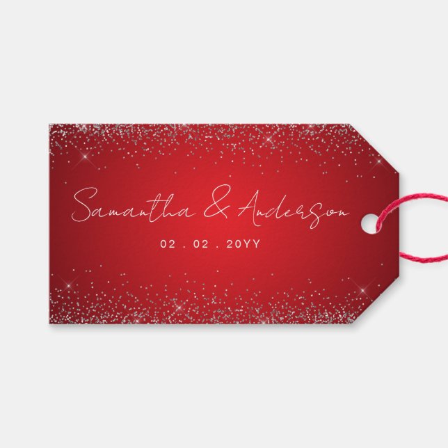 Elegant Red och lite Gnistra Themsen Bröllop Presentetikett (Framsidan (Horisontell))