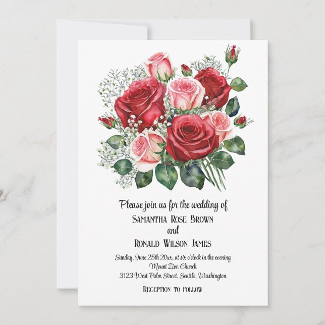 Elegant Red och Rosa ros Bröllop Inbjudningar (Framsida)
