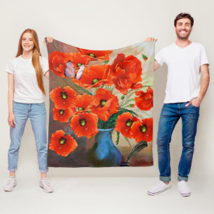 Elegant Red Orange Poppies Flower Fleecefilt