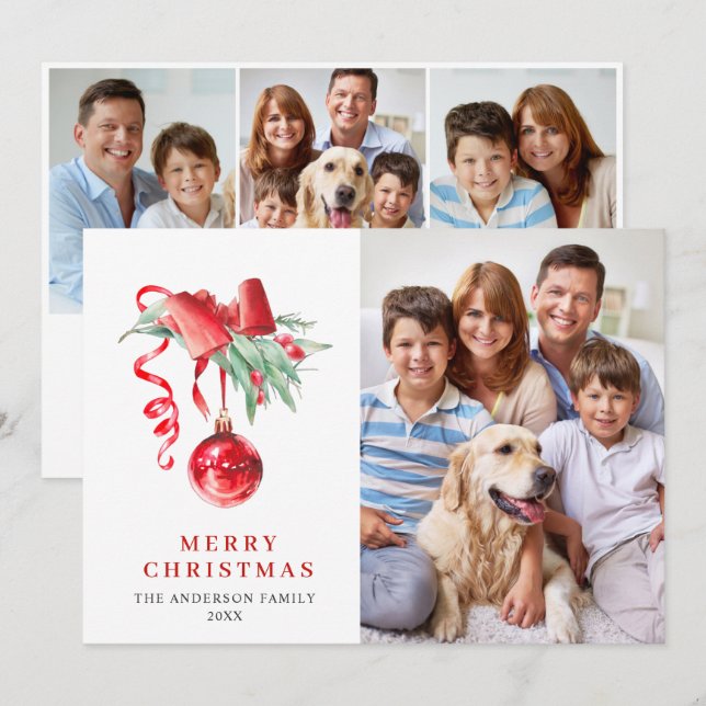 Elegant Red Ornamel jul Hälsning 4 PHOTO Julkort (Fram/baksida)