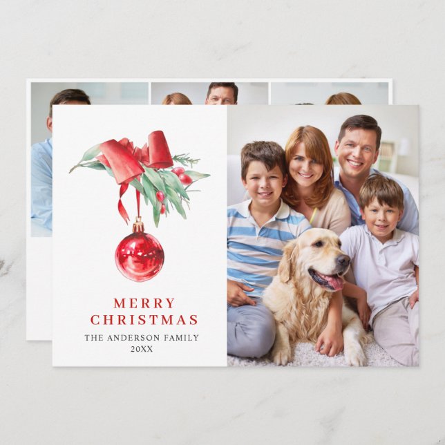Elegant Red Ornamel jul Hälsning 4 PHOTO Julkort (Fram/baksida)