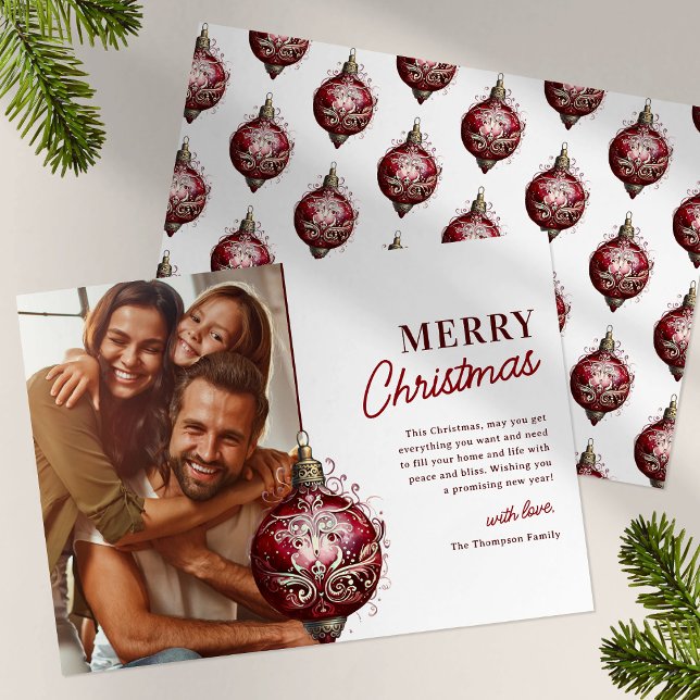 Elegant Red Ornament Photo jul Julkort (Skapare uppladdad)