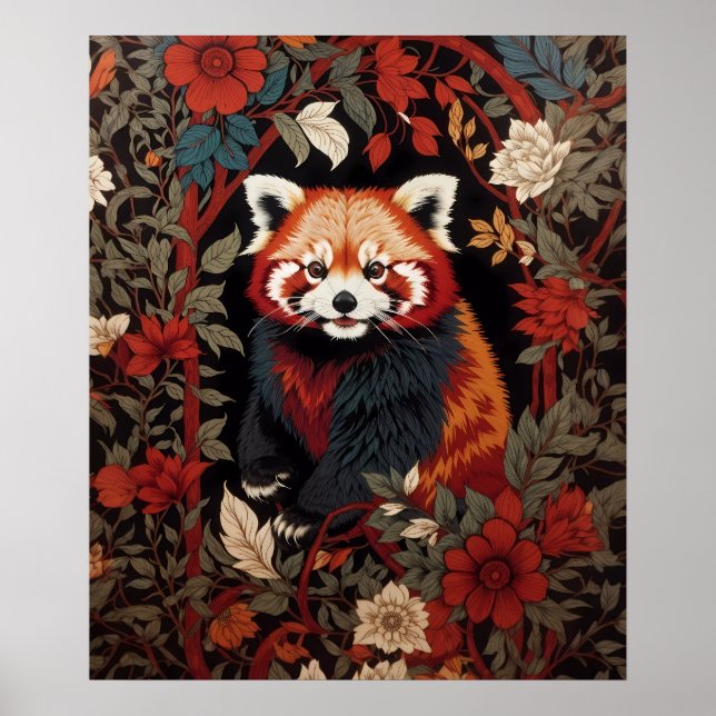 Elegant Red Panda William Morris Inspired Blommigt Poster (Framsidan)