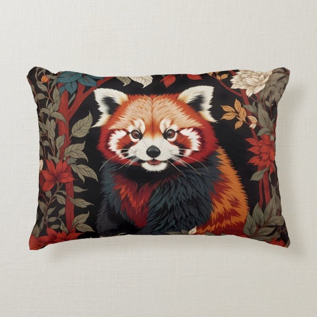 Elegant Red Panda William Morris Inspired Blommigt Prydnadskudde (Framsidan)