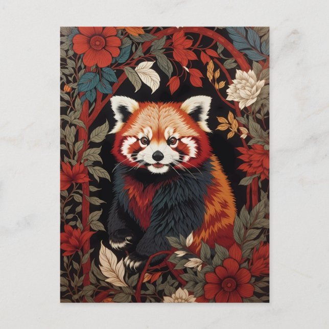 Elegant Red Panda William Morris Inspired Blommigt Vykort (Framsida)