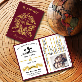 Elegant Red Passport Stil bröllopsinbjudan Inbjudan