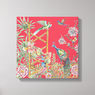 Elegant Red Peacock Oriental Blommigt Chinoiserie Canvastryck