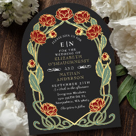 Elegant Red Peony Art nouveau Blommigt Bröllop Inbjudningar