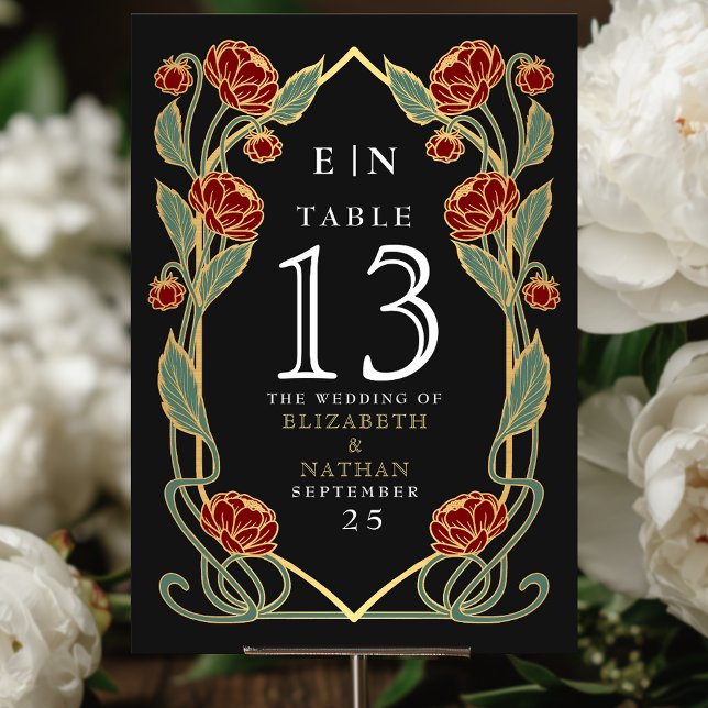 Elegant Red Peony Art Nouveau Floral Wedding Bordsnummer (Skapare uppladdad)