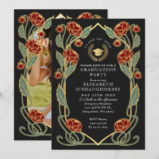 Elegant Red Peony Art Nouveau Graduation Party Inbjudningar