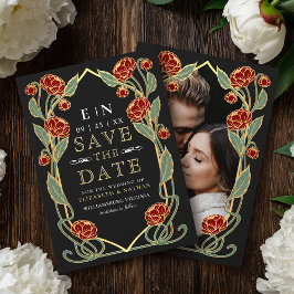 Elegant Red Peony Art Nouveau Wedding Photo Spara Datumet
