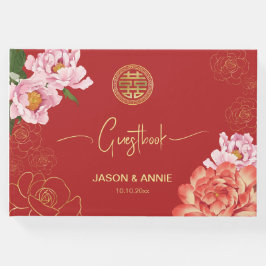 Elegant Red Peony Chinese Bröllop Välkommen Gästböcker