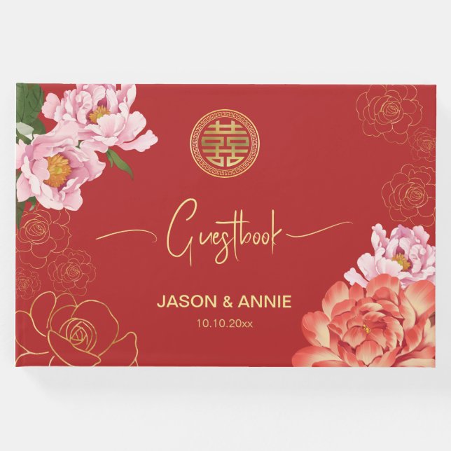 Elegant Red Peony Chinese Bröllop Välkommen Gästböcker (Framsida)