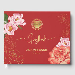 Elegant Red Peony Chinese Bröllop Välkommen Gästböcker