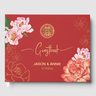 Elegant Red Peony Chinese Bröllop Välkommen Gästböcker