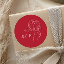 Elegant Red Peony Monogram Bröllop Runt Klistermärke