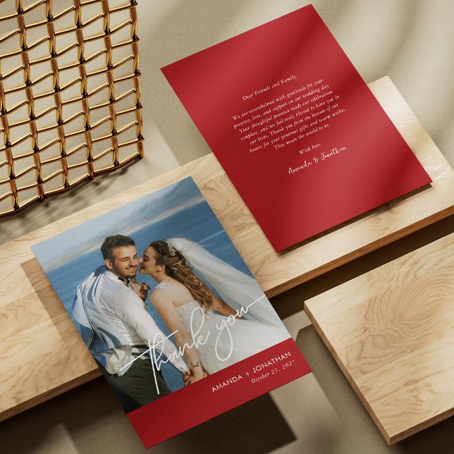 Elegant Red Photo Bröllop tackkort Tack Kort (Elegant Red Wedding Thank You Card Personalized)