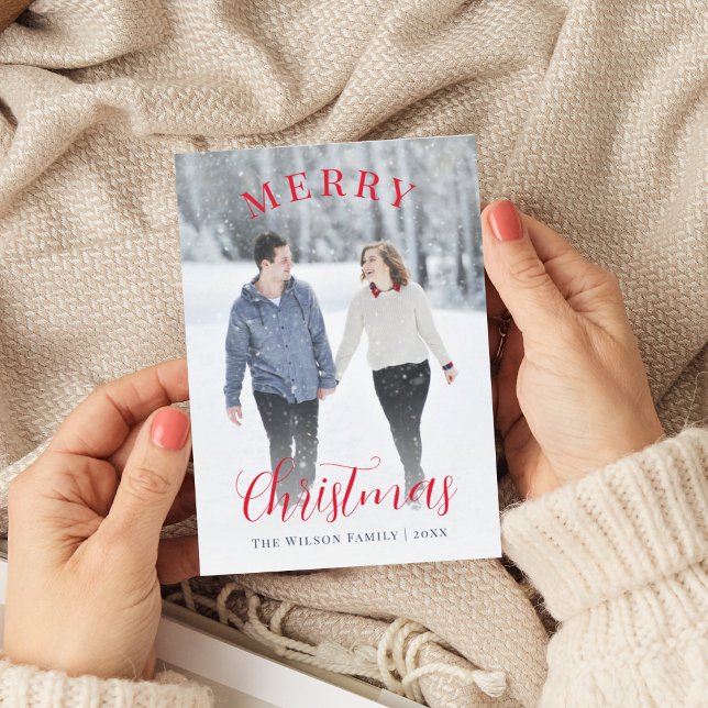 Elegant Red Photo Calligraphy God jul Julkort (Skapare uppladdad)