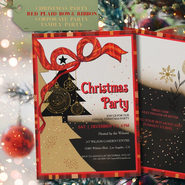 Elegant Red Plaid Ribbon Christmas Party  Inbjudningar (Elegant Red Plaid Ribbon Christmas Party Invitation)
