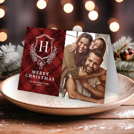 Elegant Red Play Monogram Photo jul Helgkort