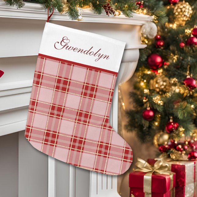 Elegant Red Play Stor Julstrumpa (Elegant Red Plaid Large Christmas Stocking)