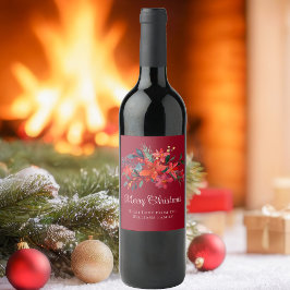 Elegant Red Poinsettia Anpassningsbar God jul Vinflaska Etikett