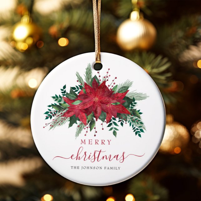 Elegant Red Poinsettia Blommigt God jul Julgransprydnad Keramik (Elegant Red Poinsettia Floral Merry Christmas Ceramic Ornament)