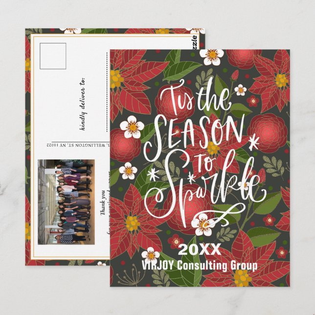 Elegant Red Poinsettia Blommigt Grönt Photo Busine Vykort (Fram/baksida)