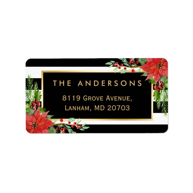 Elegant Red Poinsettia Blommigt Guld Ram Helgdag Adressetikett (Framsidan)