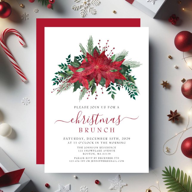 Elegant Red Poinsettia Blommigt jul Brunch Inbjudningar (Elegant Red Poinsettia Floral Christmas Brunch Invitation)