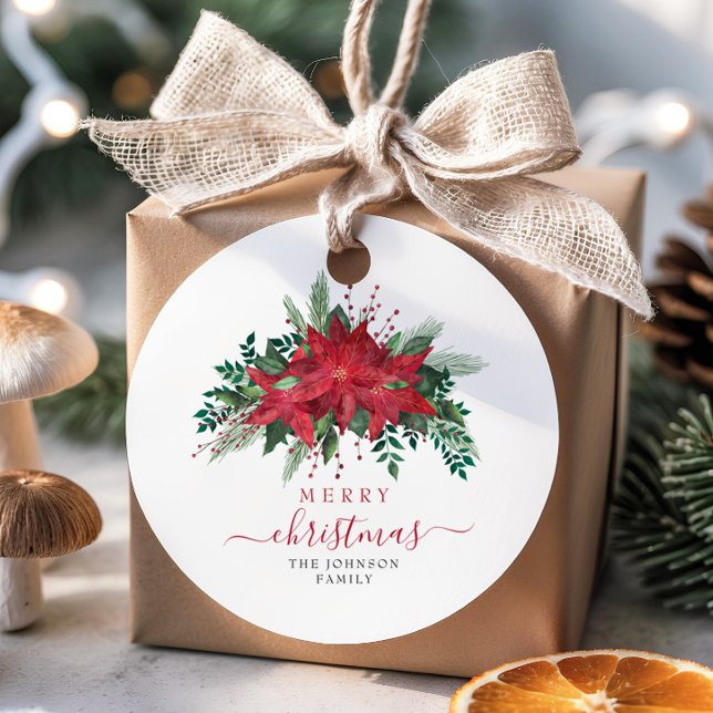 Elegant Red Poinsettia Blommigt Jul Gåvor Etiketter (Elegant Red Poinsettia Floral Script Christmas Favor Tags)