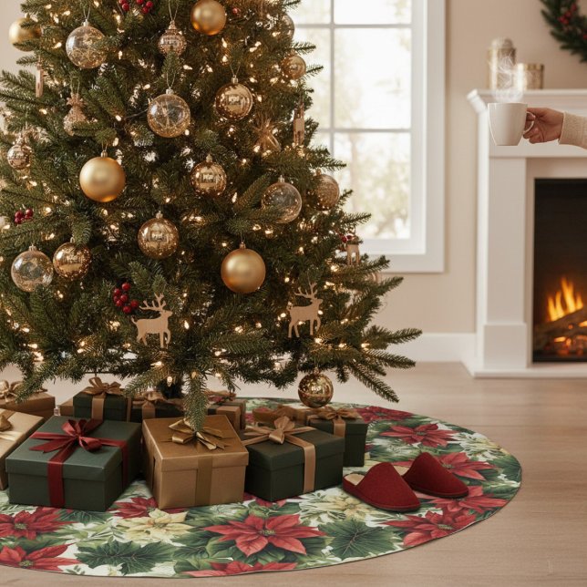 Elegant Red Poinsettia Blommigt jul Helgdag Julgransmatta Borstad Polyester (Skapare uppladdad)