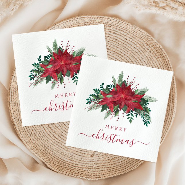 Elegant Red Poinsettia Blommigt Jul Pappersservett (Elegant Red Poinsettia Floral Script Christmas Napkins)