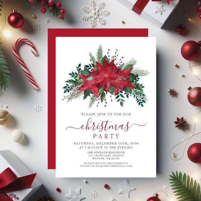 Elegant Red Poinsettia Blommigt jul Party Inbjudningar (Elegant Red Poinsettia Floral Christmas Party Invitation)