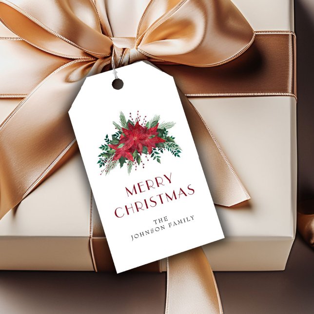 Elegant Red Poinsettia Blommigt jul Presentetikett (Elegant Red Poinsettia Floral Christmas Gift Tags)