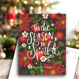 Elegant Red Poinsettia Blommigt Modern Script Chic Helg Vykort