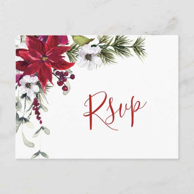 Elegant Red Poinsettia Bröllop Watercolor OSA Vykort (Framsida)