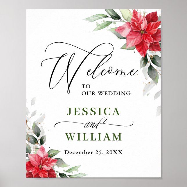 Elegant Red Poinsettia Eucalyptus Bröllop Välkomme Poster (Framsidan)