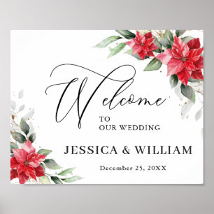 Elegant Red Poinsettia Eucalyptus Bröllop Välkomme Poster