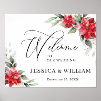 Elegant Red Poinsettia Eucalyptus Bröllop Välkomme Poster